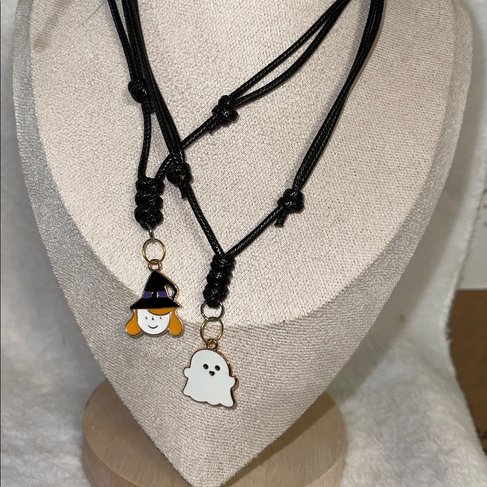 Black Cord Necklace with Witch and Ghost Charms